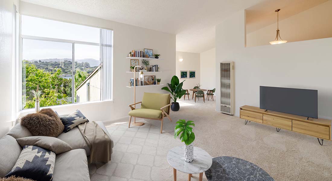 Living room at The Hilarita Apartments, Tiburon, California
