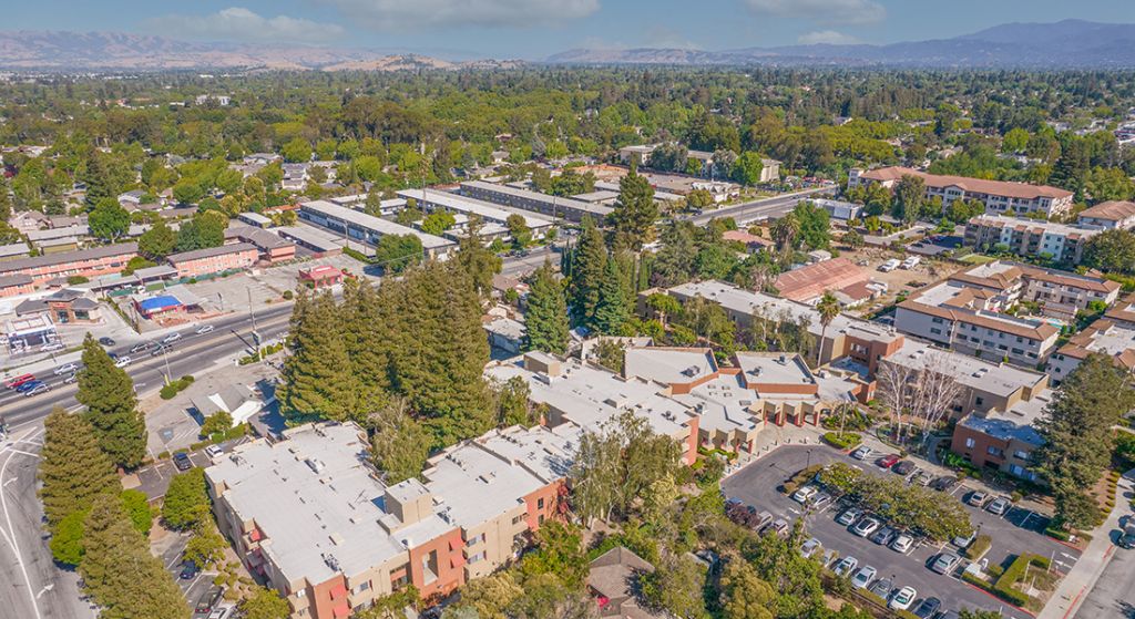 Aerial view of Redwood Senior Apartments of Willow Glen, San Jose, California